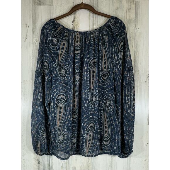 Lucky Brand Top Size XL Blue Sheer Swirl Paisley Boho Bohemian Tassel TIe Neck - Picture 2 of 8